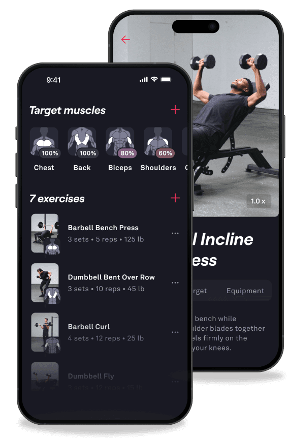 Screenshots of the Fitbod mobile app, highlighting its capabilities, showing a workout and exercises being performed.