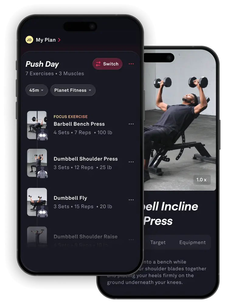 Screenshots of the Fitbod mobile app showing personalized workouts for different fitness levels.